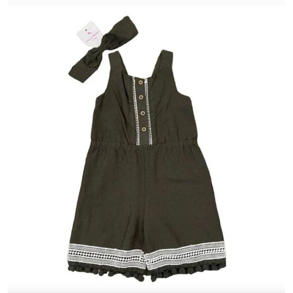 NWT Tommy Bahama Kids Girls' Olive Green Pom Pom Romper & Headband - 18M - Picture 1 of 7